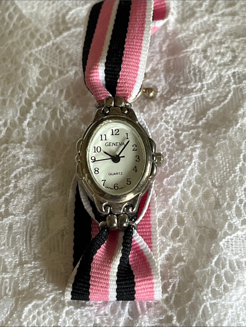 Geneva Pink Black White Ribbon Strap Quartz Watch